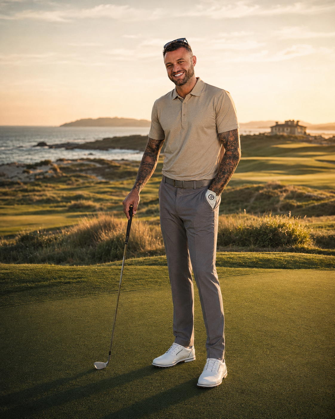 Jacob Male standing on a coastal golf course